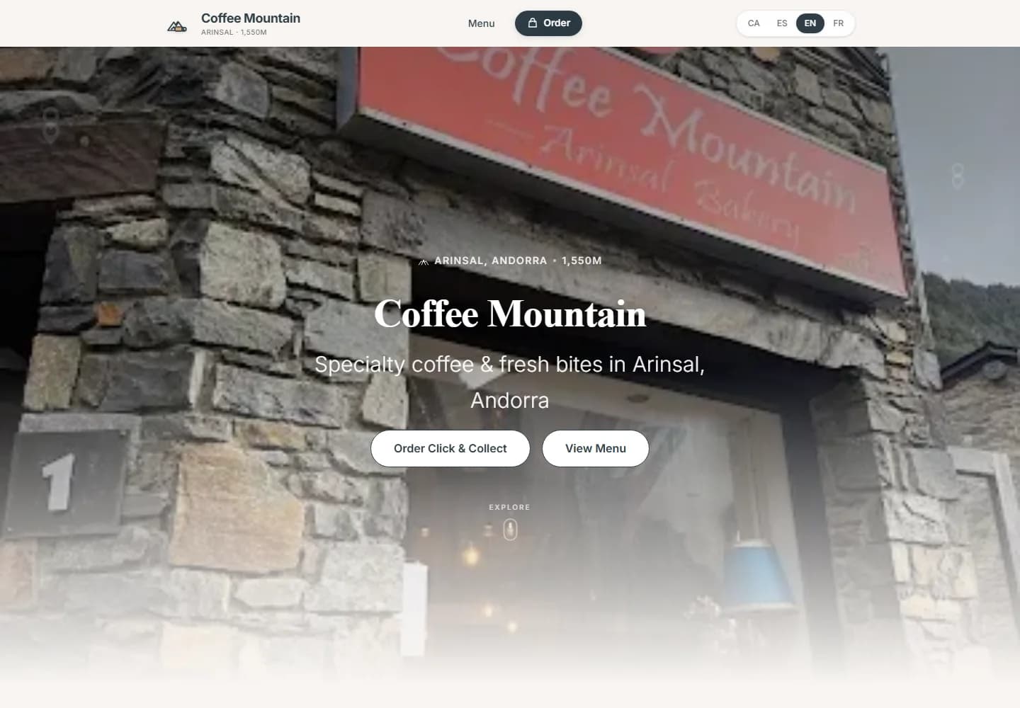Coffee Mountain website homepage showing the café in Arinsal