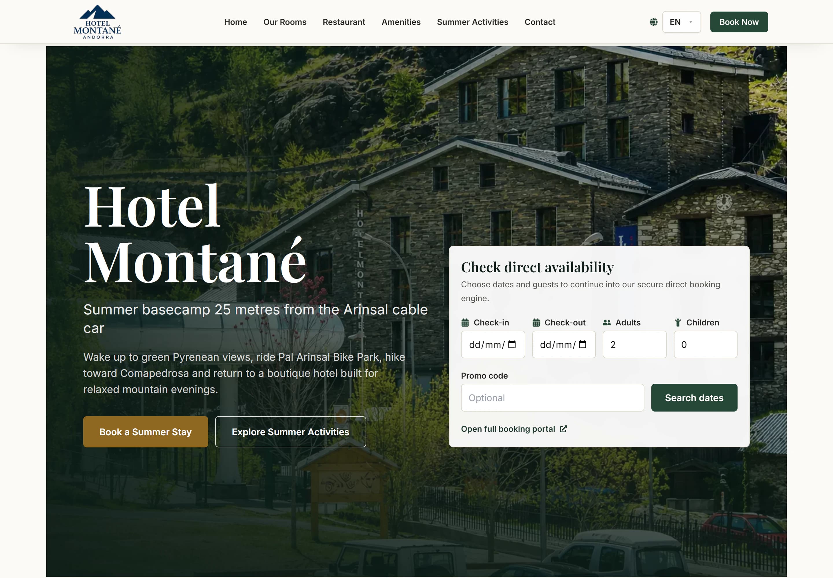 Hotel Montané website homepage with direct booking search
