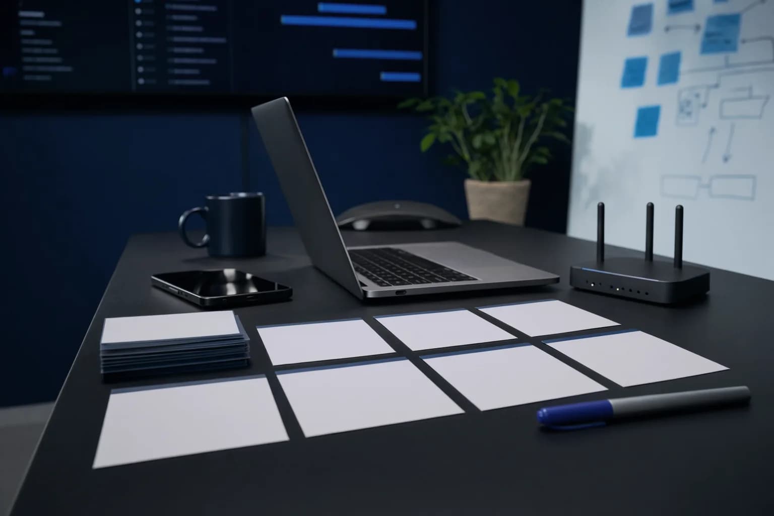 Startup product operations table with launch and platform planning materials